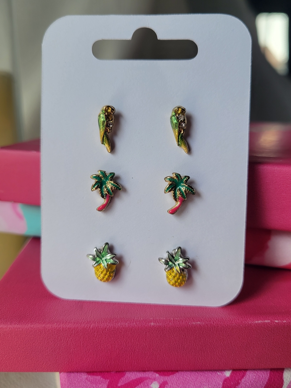 Tropical Earrings [3 Pairs] - PALM TREES, PARROTS & PINEAPPLES - NEW ON CARD!